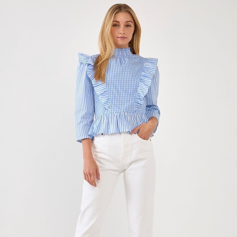 EUC English Factory Gingham Check & Stripe Mixed Blouse Size Medium